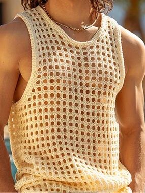Men's Cream Crochet Mesh Tank Top